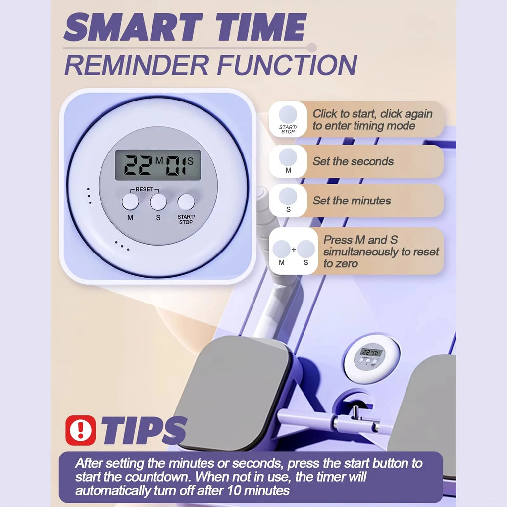Built-in smart timer function on Pilates reformer board, start stop and reset buttons