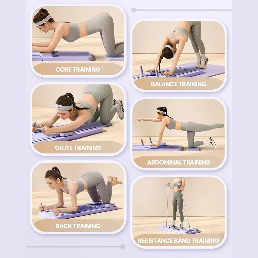 6 workout modes on Pilates board: core, balance, glute, abdominal, back and resistance band training