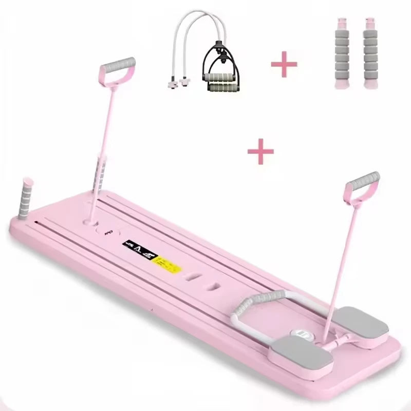 6-in-1 Pilates reformer board Pink color variant with resistance bands and accessories