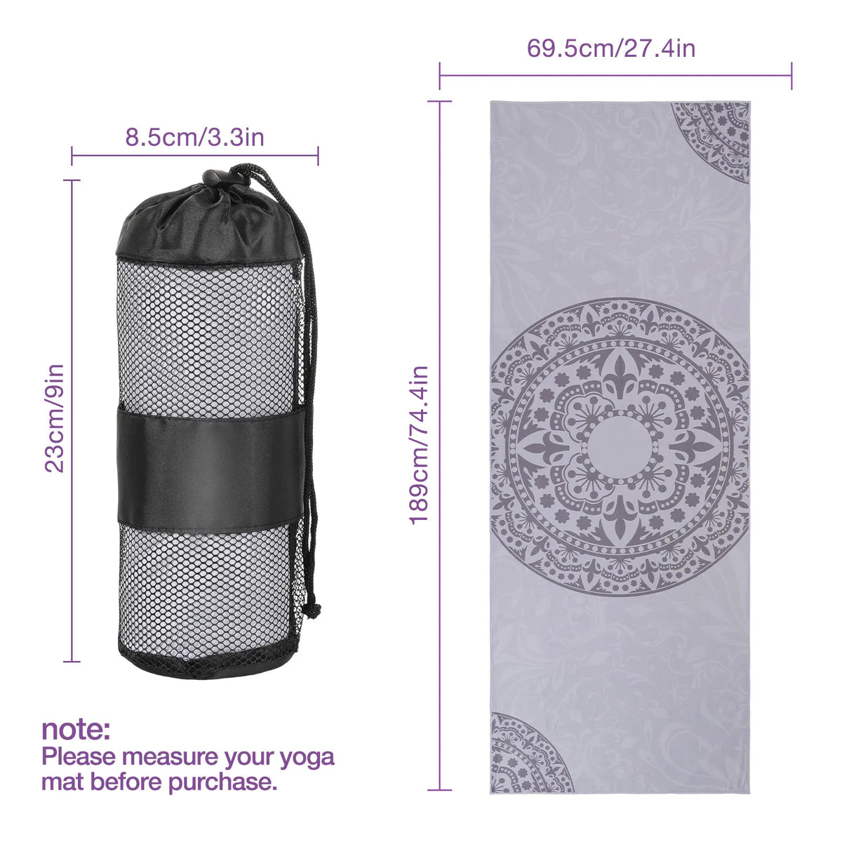 MoKo quick-dry yoga mat towel in Gray Mandala pattern with drawstring bag