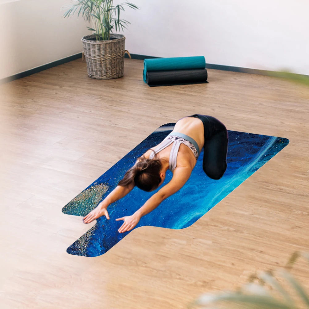 Non-slip suede Pilates mat Blue Mirage pattern, flat lay product view